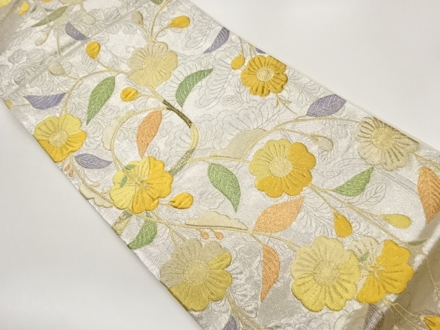 ふくれ織枝葉に花・蕾模様織出し袋帯